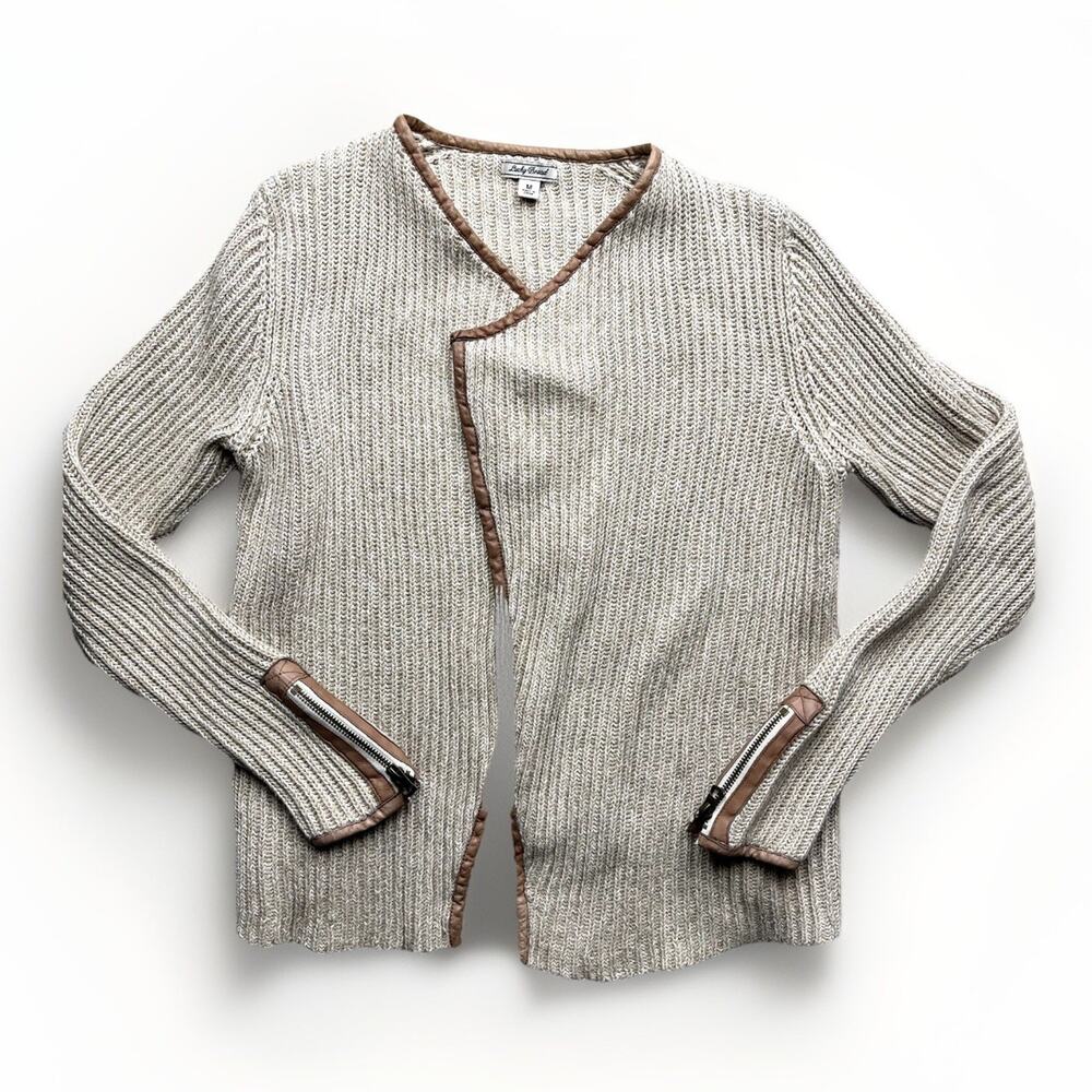 Lucky Brand Cardigan Women's M Tan Chunky Knit Open Sweater Leather Trim *Flaw*